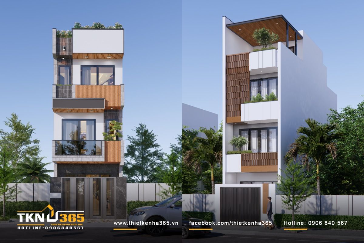 Mẫu nhà 1 trệt 2 lầu có tầng tum 4x10 thiết kế mặt tiền tối giản với gam màu trung tính chủ đạo