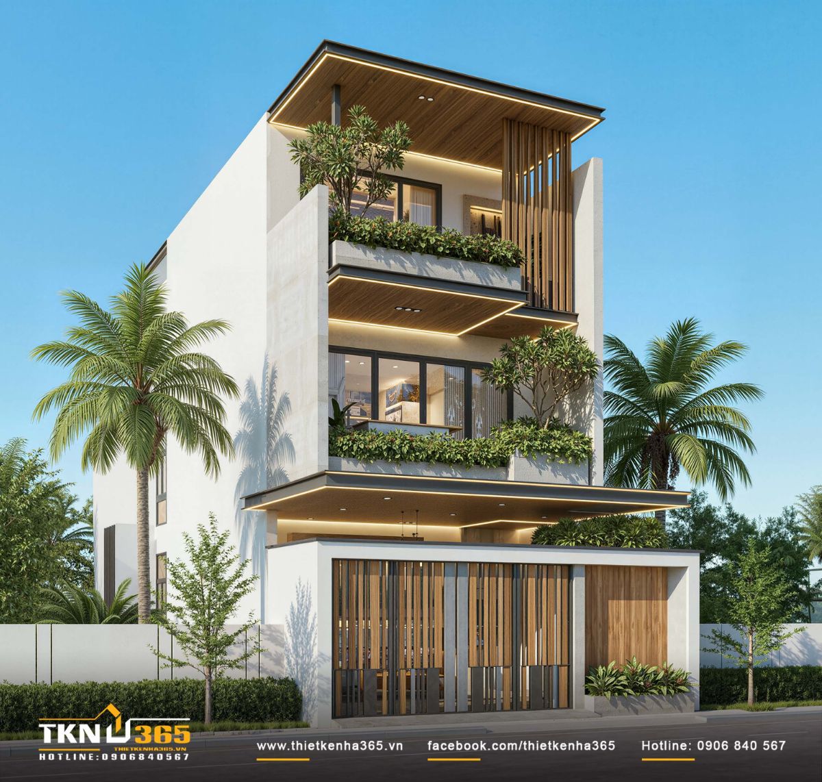 35+ Mẫu Nhà 1 Trệt 2 Lầu 5x14m Đẹp, Hiện Đại Và Tối Ưu Công Năng 21 Mẫu nhà 1 trệt 2 lầu 5x14m đẹp bố trí khoảng xanh hợp lý, tạo thành lớp đệm làm mát tự nhiên cho công trình