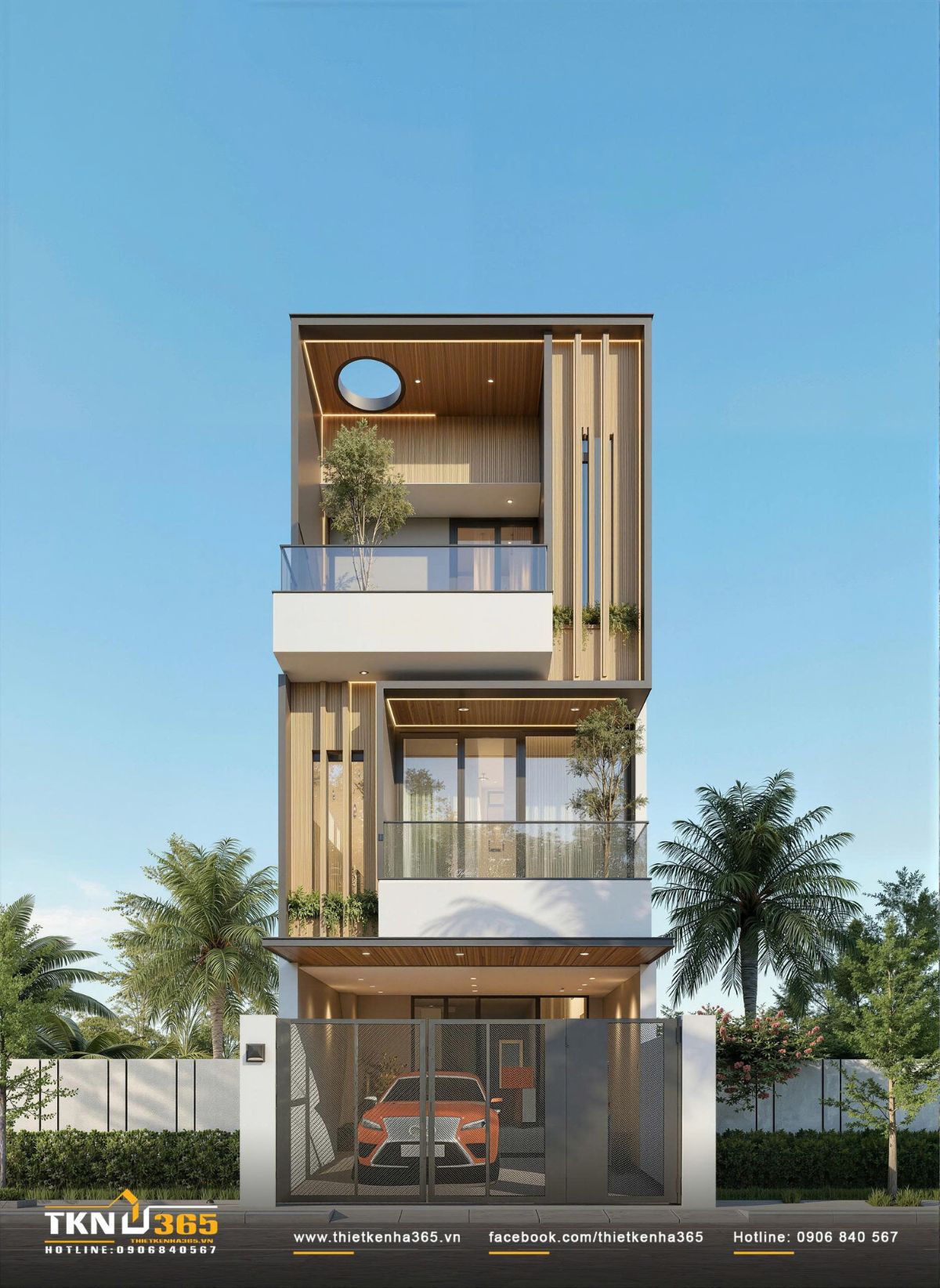35+ Mẫu Nhà 1 Trệt 2 Lầu 5x14m Đẹp, Hiện Đại Và Tối Ưu Công Năng 3 Mẫu nhà 1 trệt 2 lầu 5x14m đẹp có gara ở tầng trệt phù hợp với gia đình sử dụng ô tô thường xuyên