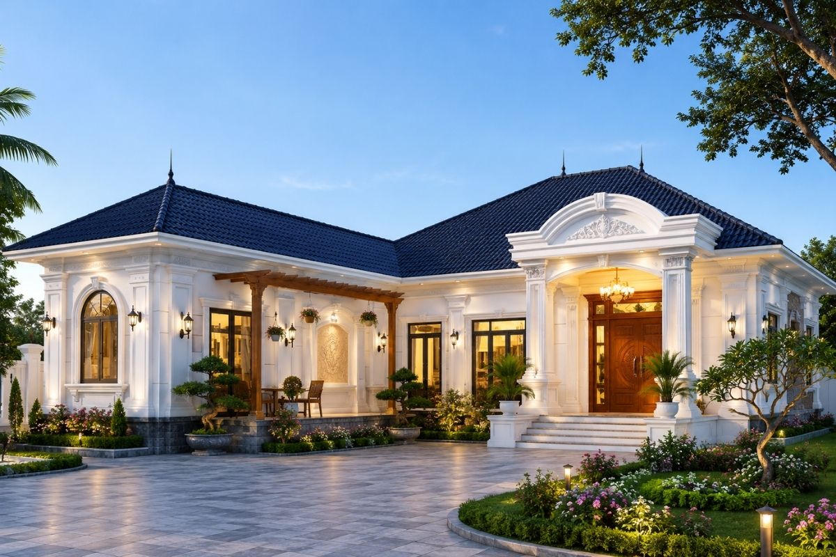 Mẫu Nhà Tân Cổ Điển 1 Tầng Đẹp, Sang Trọng Và Hài Hòa Sân Vườn 10 Thiết kế nhà tân cổ điển 1 tầng chữ L giúp phân chia công năng linh hoạt, đồng thời tạo khoảng sân thuận tiện cho gara, sân chơi hoặc tiểu cảnh (Ảnh: Sưu tầm)