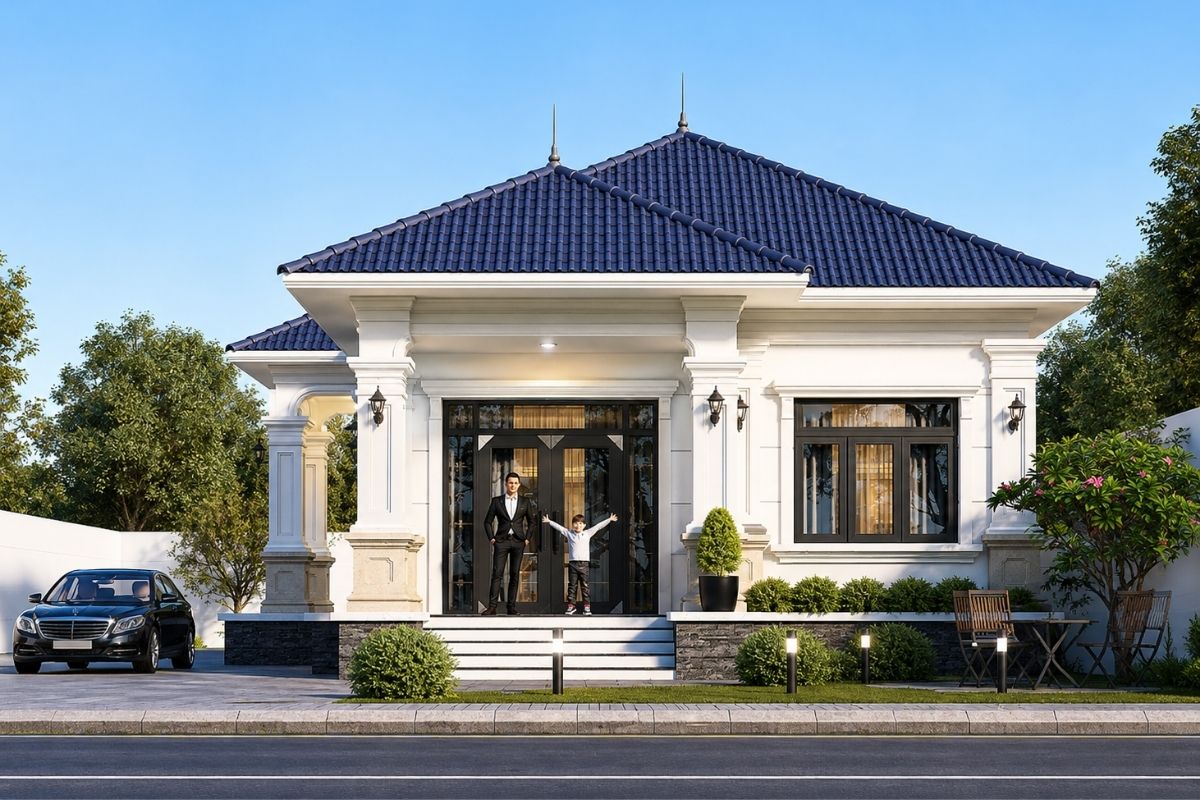 Mẫu Nhà Tân Cổ Điển 1 Tầng Đẹp, Sang Trọng Và Hài Hòa Sân Vườn 12 Mặt tiền nhà tân cổ điển 1 tầng nên được chia rõ lớp nền, thân và mái để tạo nhịp điệu, chiều cao thị giác và tránh cảm giác trải ngang quá mức (Ảnh: Sưu tầm)