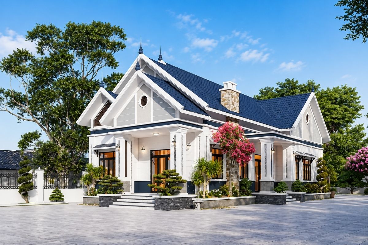 Mẫu Nhà Tân Cổ Điển 1 Tầng Đẹp, Sang Trọng Và Hài Hòa Sân Vườn 14 Trong thiết kế nhà tân cổ điển 1 tầng, sảnh, cột và phào chỉ cần được tiết chế hợp lý để tạo điểm nhấn mà không khiến mặt tiền trở nên nặng nề (Ảnh: Sưu tầm)