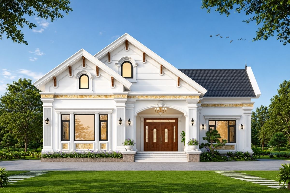 Mẫu Nhà Tân Cổ Điển 1 Tầng Đẹp, Sang Trọng Và Hài Hòa Sân Vườn 17 Nhà vườn tân cổ điển 1 tầng cần khoảng sân hợp lý để tạo góc nhìn cho kiến trúc, tăng thông thoáng và kết nối công trình với cảnh quan (Ảnh: Sưu tầm)