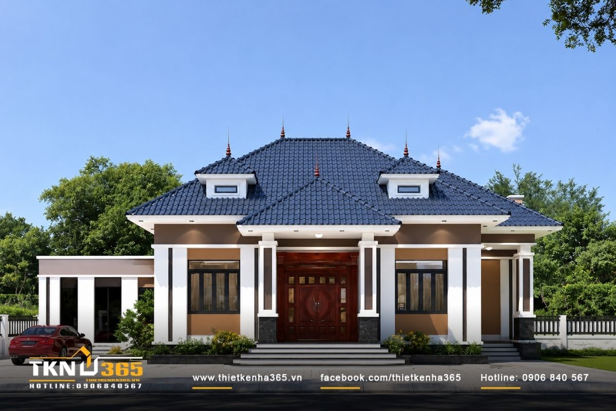 Mẫu Nhà Tân Cổ Điển 1 Tầng Đẹp, Sang Trọng Và Hài Hòa Sân Vườn 2 Nhà tân cổ điển 1 tầng vẫn có thể tạo vẻ bề thế khi sảnh, hệ mái, cột và chiều ngang mặt tiền được xử lý đúng tỷ lệ