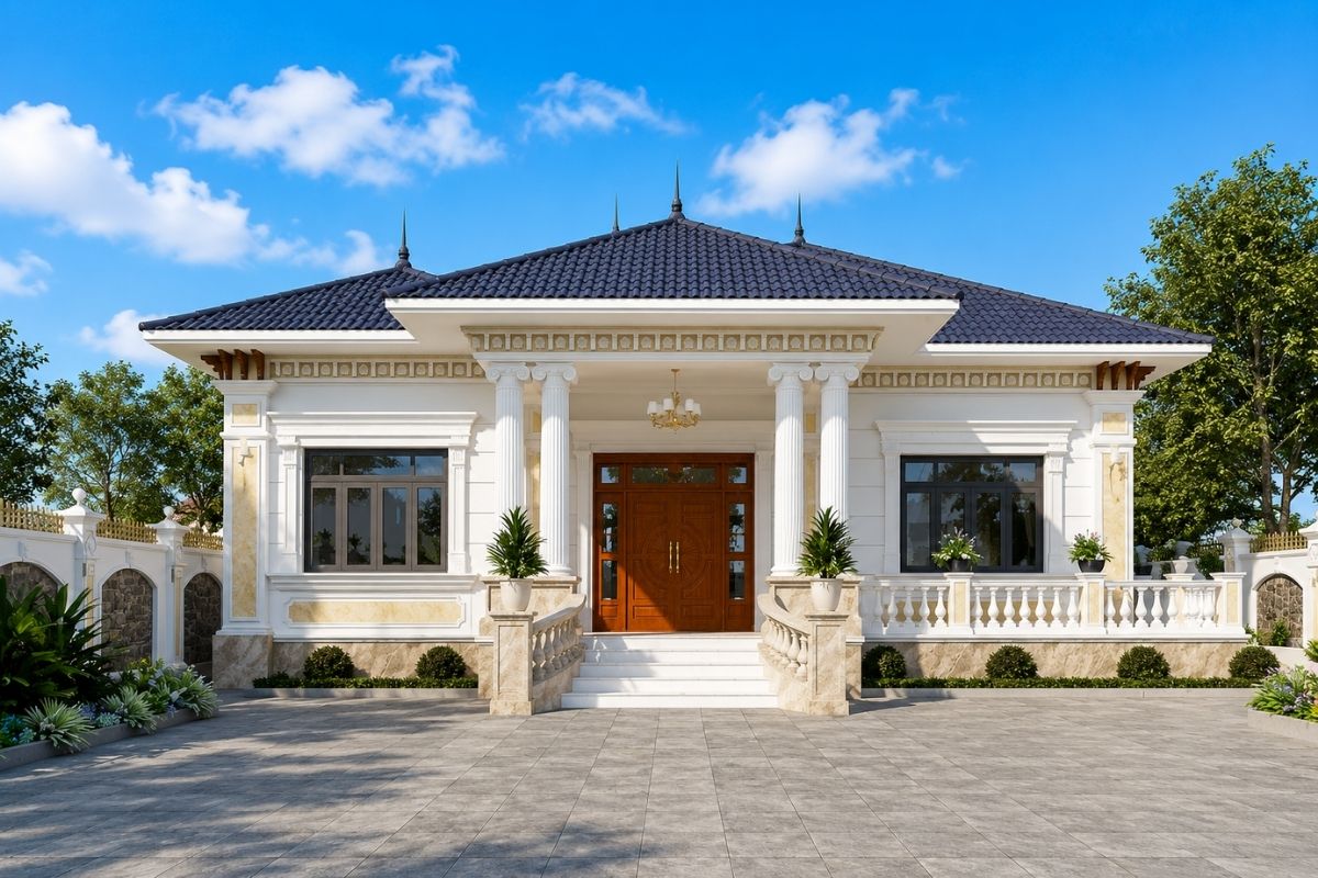 Mẫu Nhà Tân Cổ Điển 1 Tầng Đẹp, Sang Trọng Và Hài Hòa Sân Vườn 20 Mẫu nhà tân cổ điển 1 tầng đẹp đặc biệt phù hợp với gia đình có người lớn tuổi (Ảnh: Sưu tầm)
