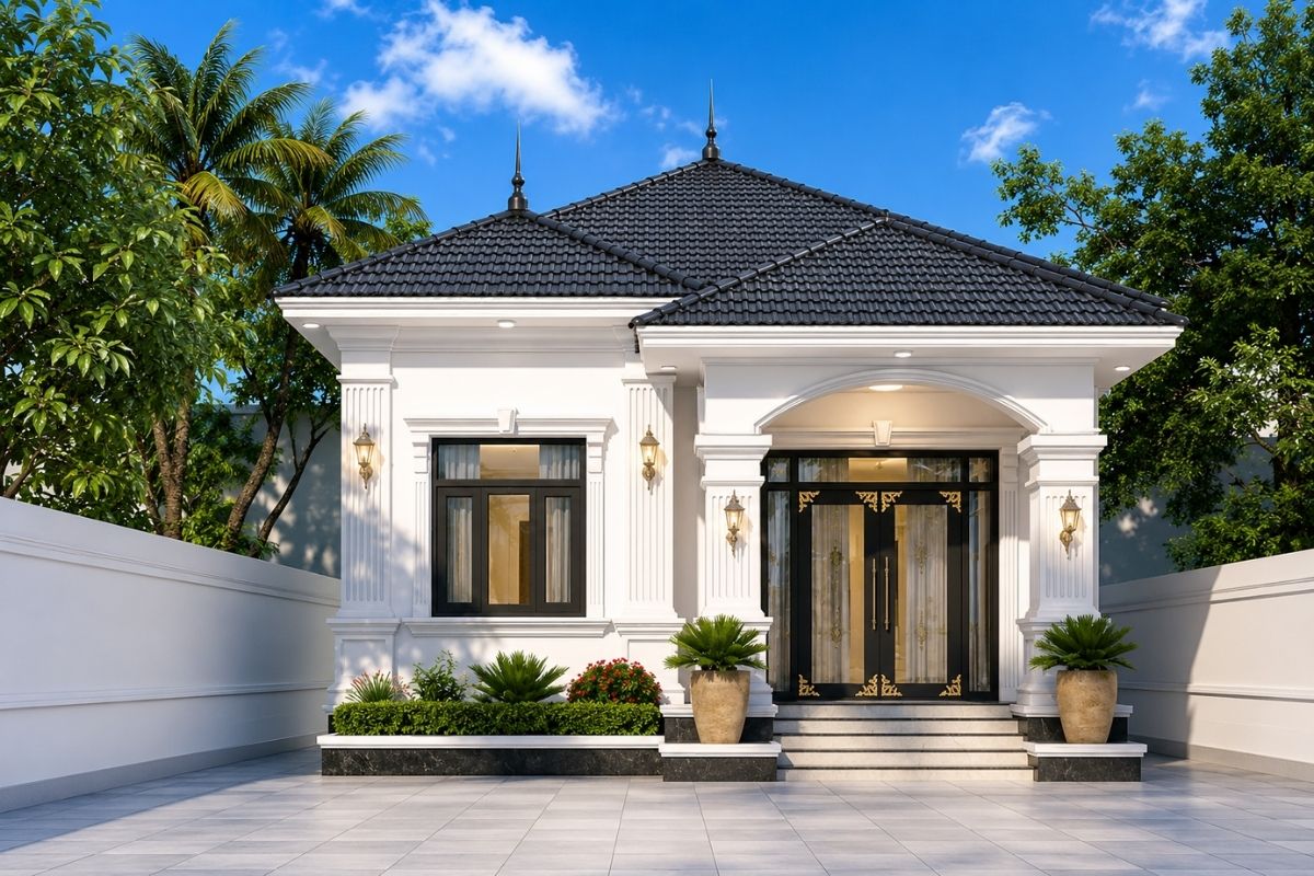 Mẫu Nhà Tân Cổ Điển 1 Tầng Đẹp, Sang Trọng Và Hài Hòa Sân Vườn 21 Mẫu nhà tân cổ điển 1 tầng đẹp cần cân bằng giữa tỷ lệ kiến trúc, công năng và sân vườn để tạo nên không gian sống sang trọng, tiện nghi và bền vững (Ảnh: Sưu tầm)