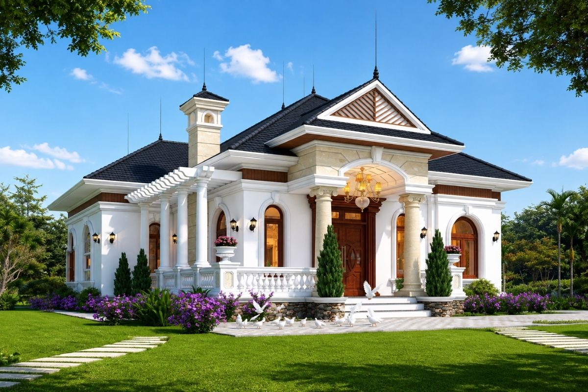 Mẫu Nhà Tân Cổ Điển 1 Tầng Đẹp, Sang Trọng Và Hài Hòa Sân Vườn 4 Mẫu nhà vườn tân cổ điển 1 tầng kết hợp hài hòa giữa kiến trúc sang trọng và cảnh quan xanh, phù hợp với những khu đất rộng (Ảnh: Sưu tầm)