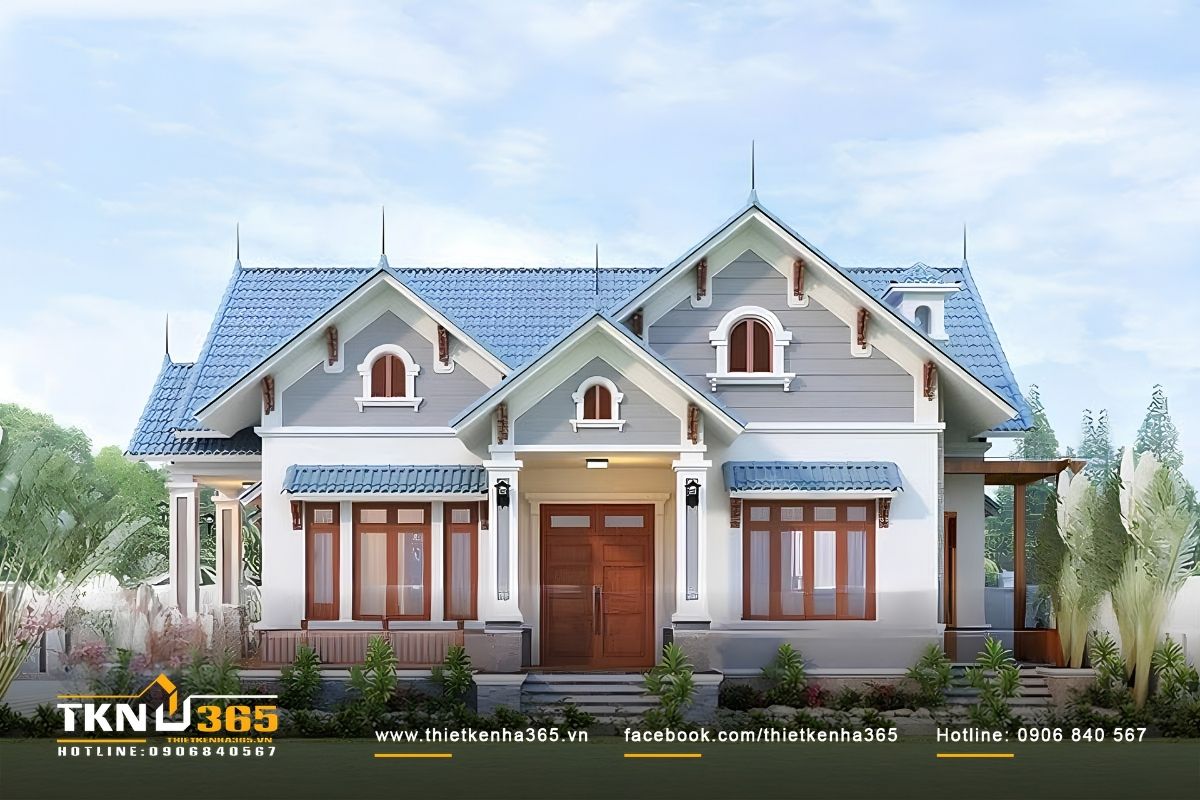 Mẫu Nhà Tân Cổ Điển 1 Tầng Đẹp, Sang Trọng Và Hài Hòa Sân Vườn 5 Nhà tân cổ điển 1 tầng mái Thái tạo cảm giác cao ráo, thanh thoát nhờ hệ mái dốc nổi bật kết hợp cùng sảnh và cột cân đối