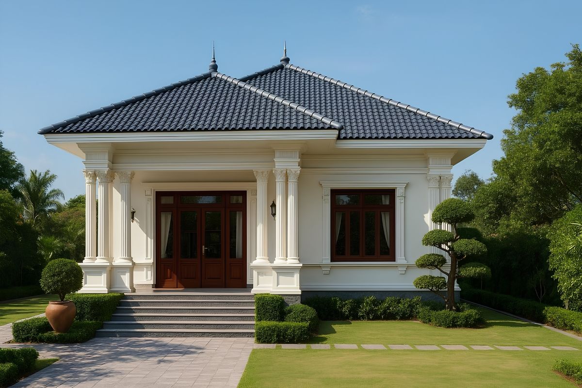 Mẫu Nhà Tân Cổ Điển 1 Tầng Đẹp, Sang Trọng Và Hài Hòa Sân Vườn 6 Nhà tân cổ điển 1 tầng mái Nhật mang vẻ thanh lịch, nhẹ nhàng, phù hợp với xu hướng tân cổ điển tối giản và không gian sân vườn (Ảnh: Sưu tầm)