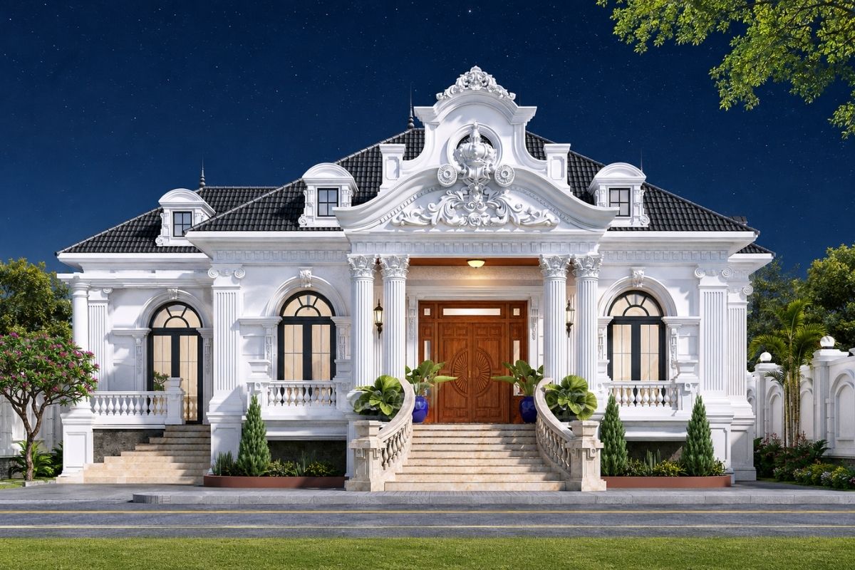 Mẫu Nhà Tân Cổ Điển 1 Tầng Đẹp, Sang Trọng Và Hài Hòa Sân Vườn 7 Nhà tân cổ điển 1 tầng kiểu Pháp nổi bật với bố cục đối xứng, cửa vòm, hệ cột và sảnh trang trọng mang đậm nét kiến trúc châu Âu (Ảnh: Sưu tầm)