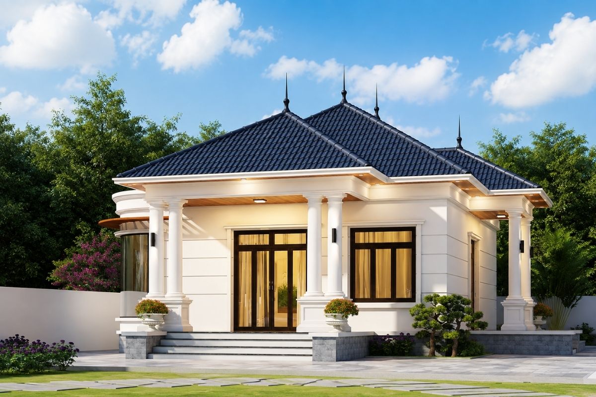 Mẫu Nhà Tân Cổ Điển 1 Tầng Đẹp, Sang Trọng Và Hài Hòa Sân Vườn 9 Nhà tân cổ điển 1 tầng 4 phòng ngủ phù hợp gia đình nhiều thế hệ, giúp các thành viên sinh hoạt thuận tiện trên cùng một mặt sàn (Ảnh: Sưu tầm)