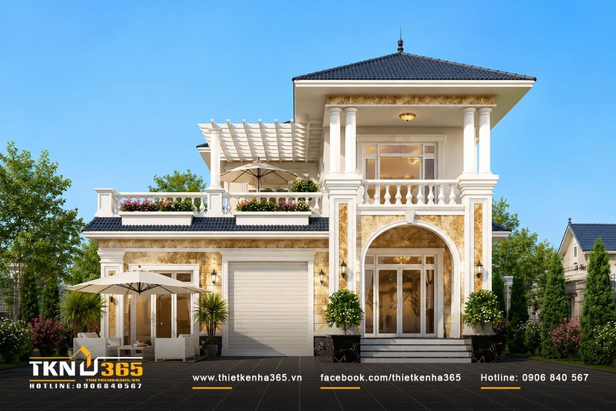 25+ Mẫu Nhà Tân Cổ Điển 1 Trệt 1 Lầu Đẹp, Sang Trọng Và Không Lỗi Thời 5 Mẫu nhà tân cổ điển mái Nhật 2 tầng mở rộng theo phương ngang, tạo vẻ đẹp cân đối và hài hòa