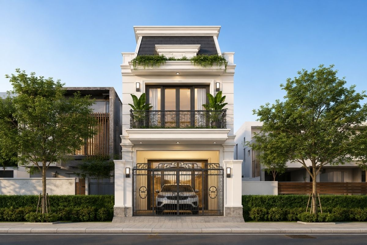 25+ Mẫu Nhà Tân Cổ Điển 1 Trệt 1 Lầu Đẹp, Sang Trọng Và Không Lỗi Thời 6 Mẫu thiết kế nhà tân cổ điển 1 trệt 1 lầu gây ấn tượng với hệ mái Mansard bề thế (Ảnh: Sưu tầm)