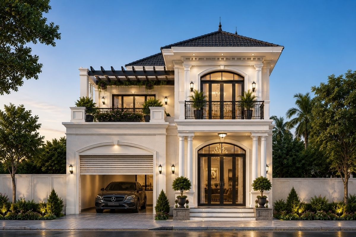 25+ Mẫu Nhà Tân Cổ Điển 1 Trệt 1 Lầu Đẹp, Sang Trọng Và Không Lỗi Thời 7 Mẫu nhà 2 tầng tân cổ điển đẹp bố trí gara ô tô ở tầng trệt (Ảnh: Sưu tầm)