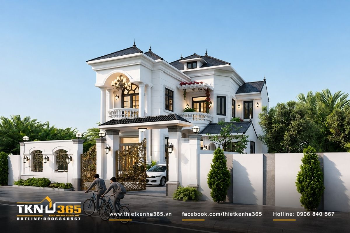 25+ Mẫu Nhà Tân Cổ Điển 1 Trệt 1 Lầu Đẹp, Sang Trọng Và Không Lỗi Thời 9 Nhà 1 trệt 1 lầu mặt tiền 4m nên lựa chọn thiết kế tân cổ điển tối giản, với mặt tiền rộng hơn, gia chủ có thể tăng số lượng chi tiết trang trí