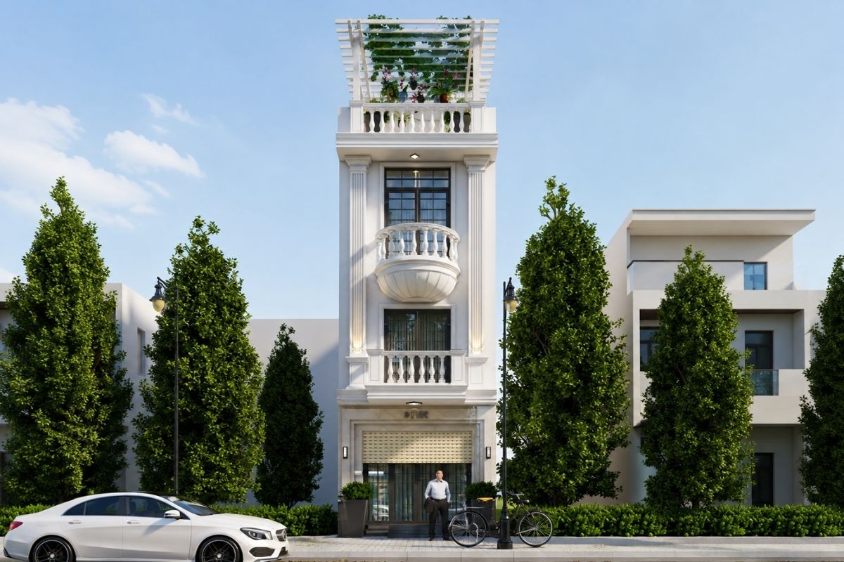 Nhà tân cổ điển 3 tầng có sân thượng giúp tăng không gian thư giãn, cây xanh và tiện ích ngoài trời cho gia đình (Ảnh: Sưu tầm)