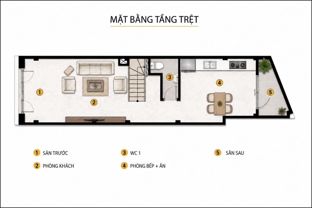 Tầng trệt trong mặt bằng nhà tân cổ điển 3 tầng ưu tiên không gian tiếp khách, bếp - ăn và các khu vực sử dụng chung (Ảnh: Sưu tầm)