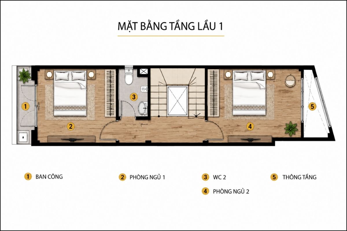 Lầu 1 của nhà tân cổ điển 3 tầng là khu vực nghỉ ngơi riêng tư với các phòng ngủ rộng rãi (Ảnh: Sưu tầm)
