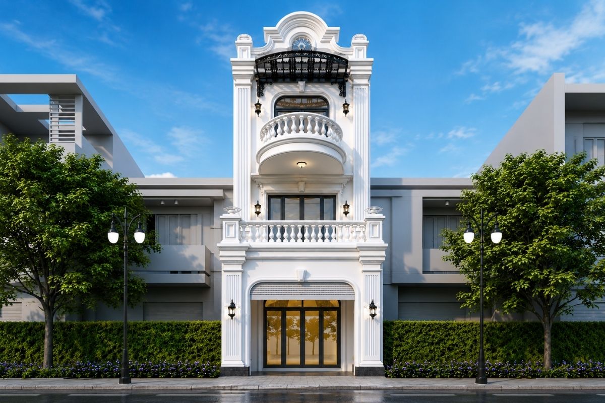 Một mẫu nhà tân cổ điển 3 tầng đẹp cần tránh cột quá lớn, phào chỉ dày, quá nhiều vòm và các chi tiết trang trí thiếu tiết chế (Ảnh: Sưu tầm)