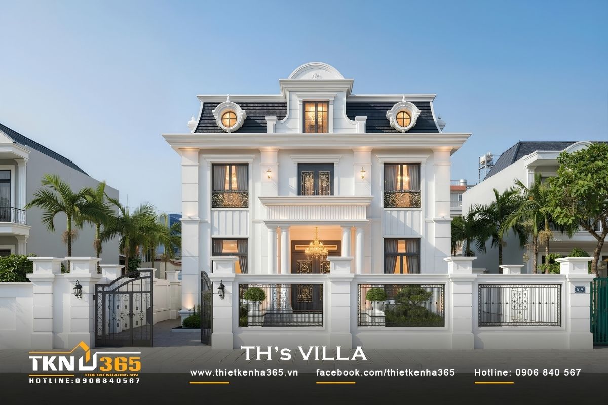Thiết kế nhà tân cổ điển 3 tầng dạng biệt thự có lợi thế về chiều ngang để phát triển sảnh lớn, hệ cột và khối mái bề thế