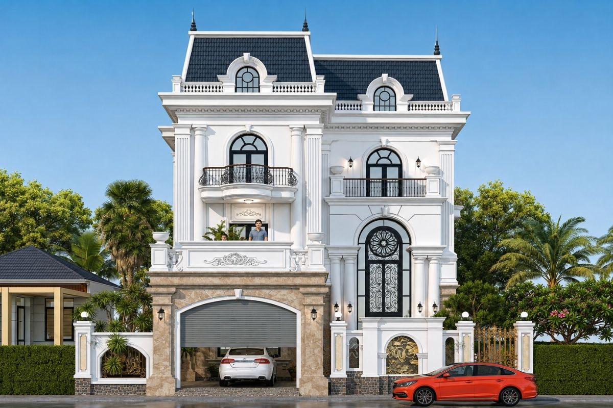 Nhà tân cổ điển 3 tầng có gara kết hợp không gian để xe tiện lợi với mặt tiền sang trọng và công năng sinh hoạt khoa học (Ảnh: Sưu tầm)
