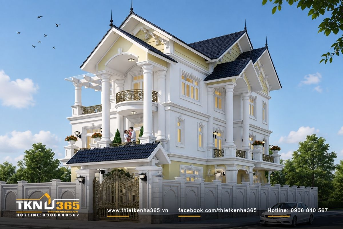 Nhà tân cổ điển 3 tầng mái Thái tạo dáng cao ráo, thanh thoát và phù hợp cả nhà phố lẫn biệt thự