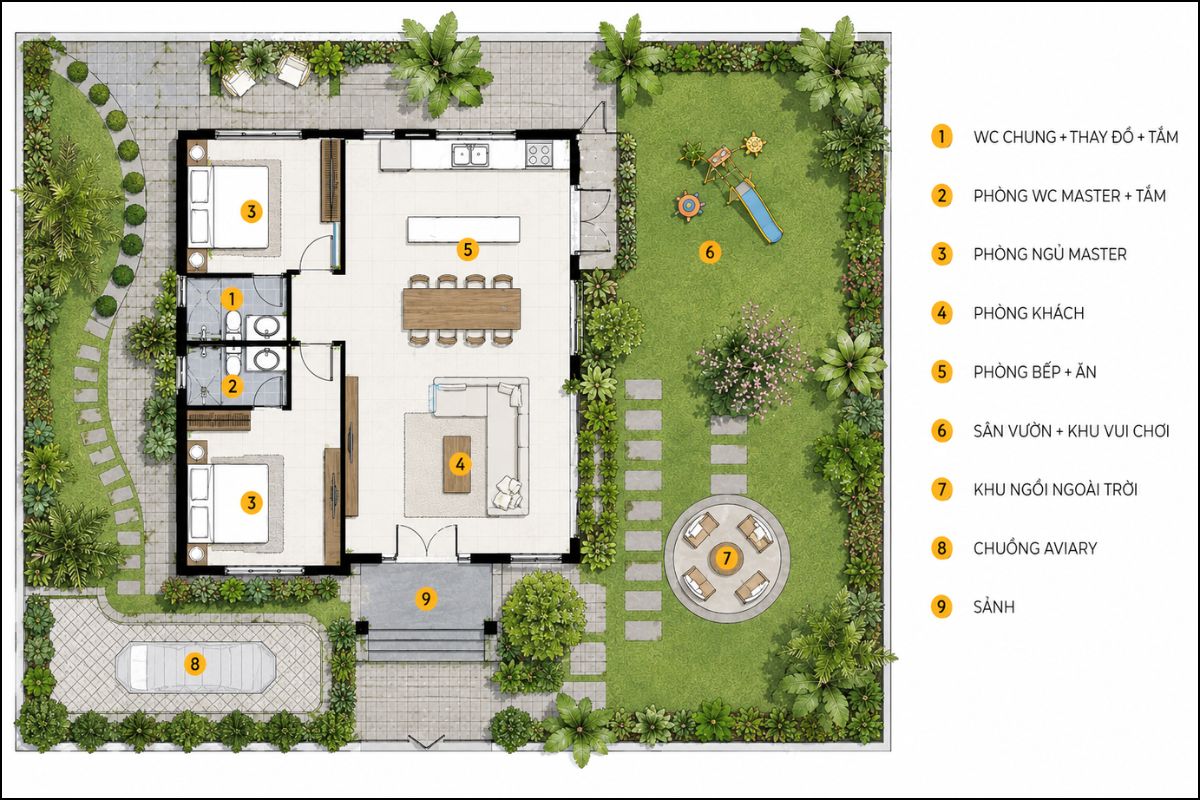 10+ Mẫu Thiết Kế Nhà Sân Vườn Đẹp, Hiện Đại Và Đáng Xây Nhất 15 Bản vẽ nhà sân vườn dành cho gia đình trẻ với phòng khách - bếp - ăn liên thông (Ảnh: Sưu tầm)