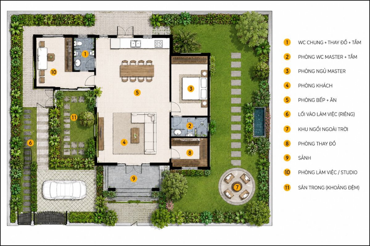 10+ Mẫu Thiết Kế Nhà Sân Vườn Đẹp, Hiện Đại Và Đáng Xây Nhất 16 Bản vẽ nhà kết hợp làm việc phân tách tương đối không gian làm việc với khu vực sinh hoạt gia đình (Ảnh: Sưu tầm)