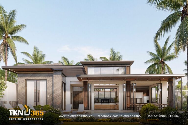 Nhà phố 1 tầng 8x15m phát triển theo phương ngang, kết hợp mái phẳng vươn rộng và hệ cửa kính lớn hướng ra sân vườn
