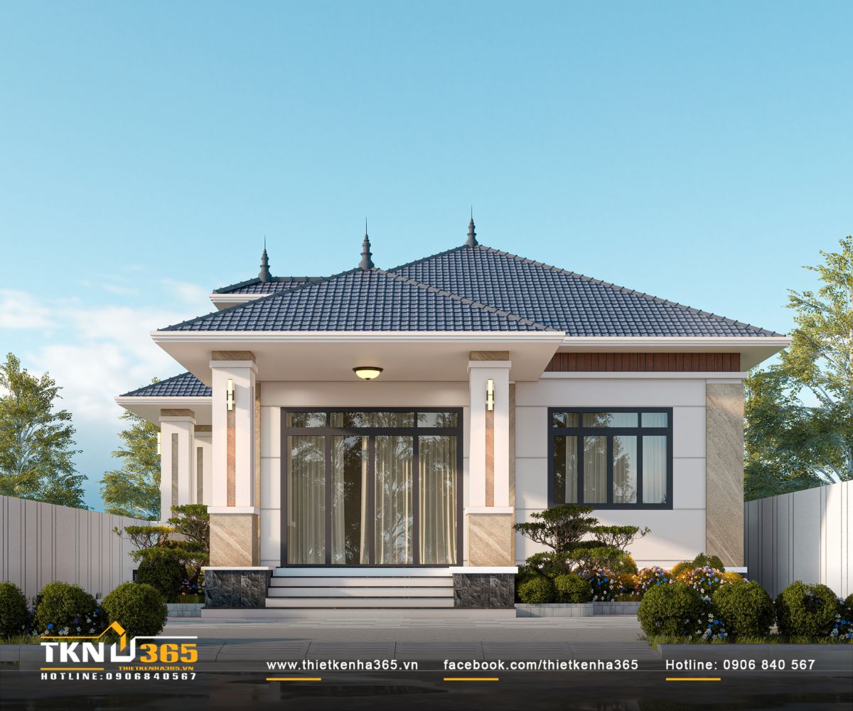 Nhà phố 1 trệt 9x12m ở Long An rút ngắn mọi khoảng cách để cả gia đình sống gần nhau hơn 1 Nhà phố 1 tầng nổi bật với hệ mái dốc nhiều lớp, hiên rộng và những mảng vật liệu sáng tối được phối hợp cân đối trên mặt tiền 9m