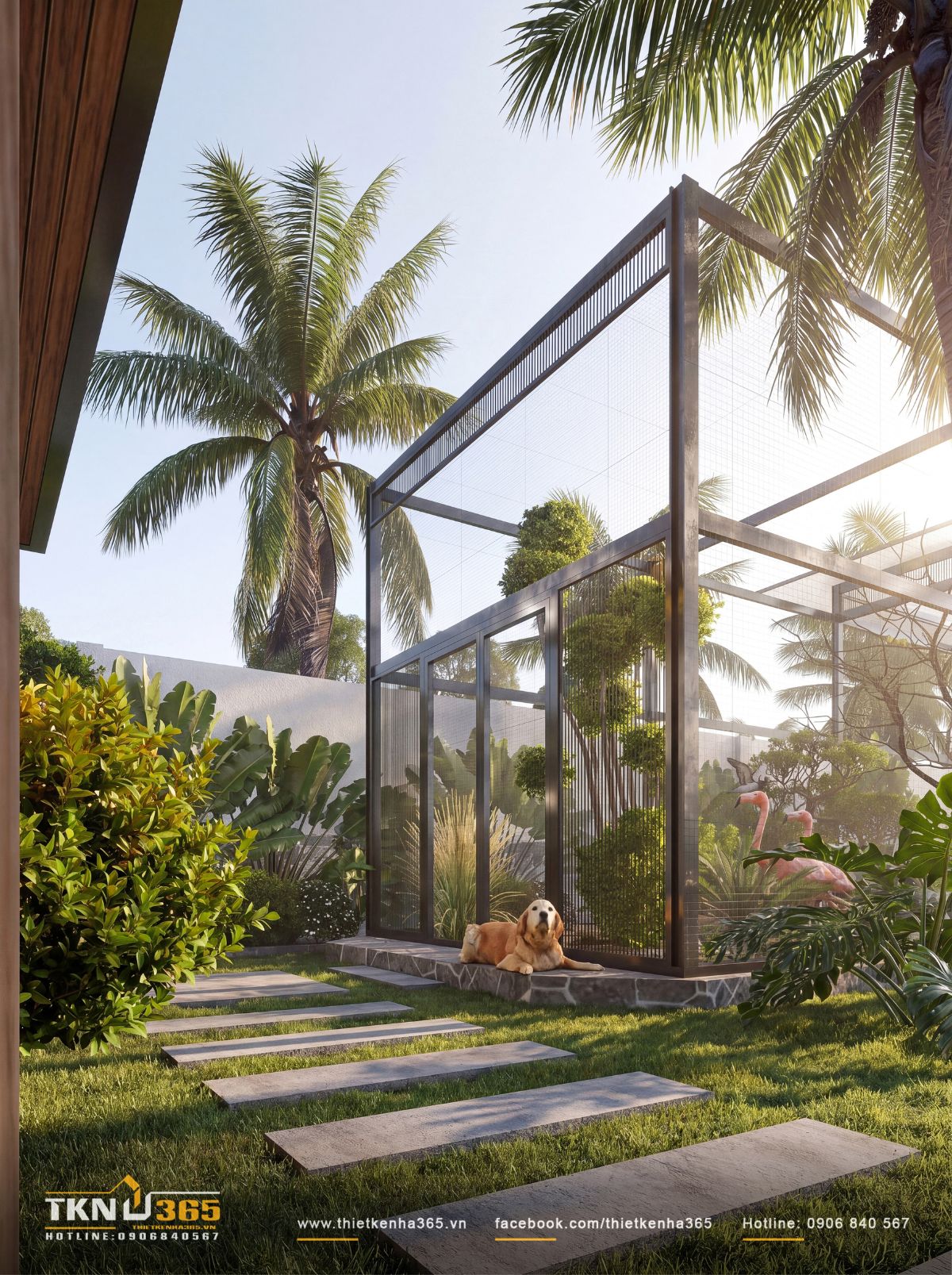 Khu aviary nằm giữa mảng xanh riêng, tách khỏi khối nhà phố 1 tầng nhưng vẫn thuận tiện tiếp cận từ sân vườn