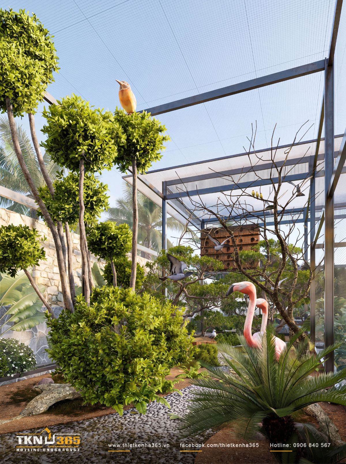 Bên trong aviary, cây xanh, lối đi rải sỏi được bố trí thành môi trường gần gũi với tự nhiên cho các loài chim