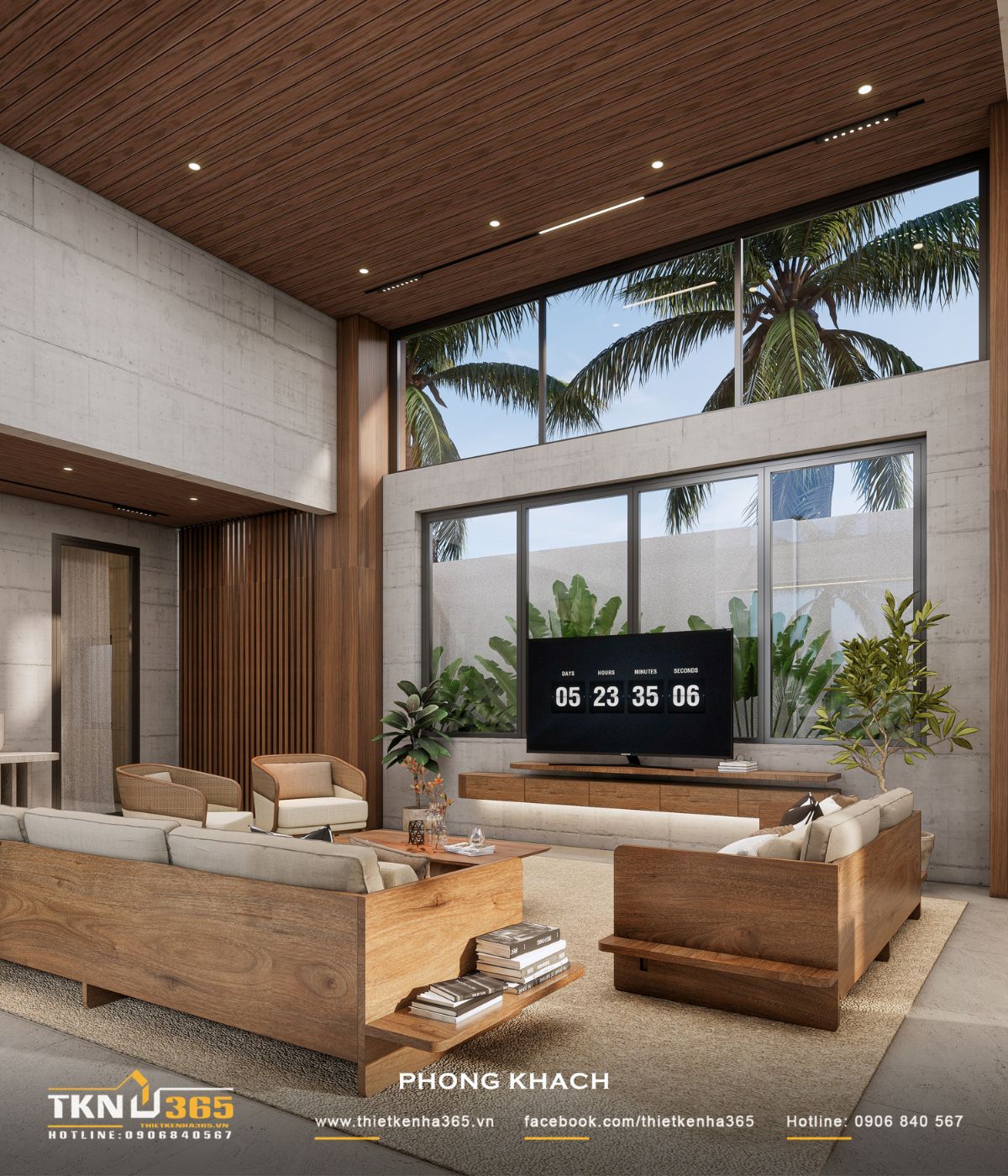 Sofa khung gỗ kết hợp đệm sáng màu tạo sắc thái ấm áp, cân bằng với những mảng bê tông lớn trong phòng khách