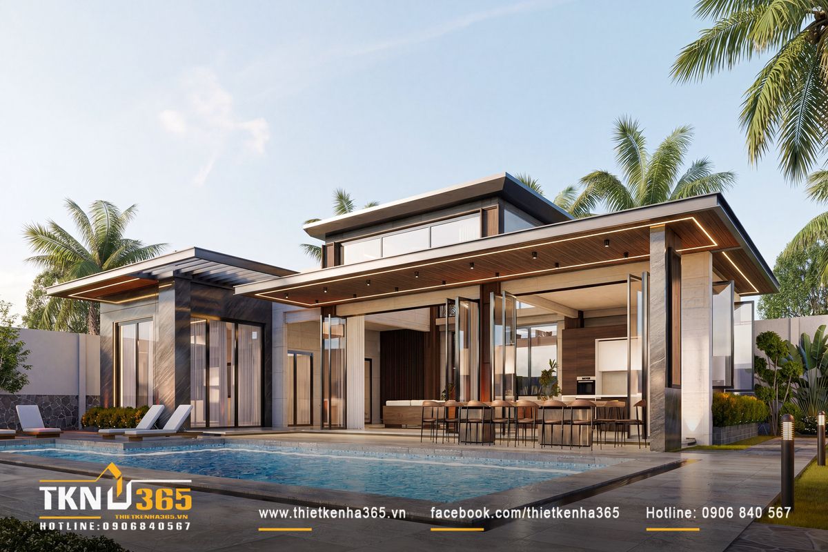 Hồ bơi bố trí sát khối nhà, đưa cảnh quan và khu vực thư giãn ngoài trời đến gần phòng khách, bếp ăn