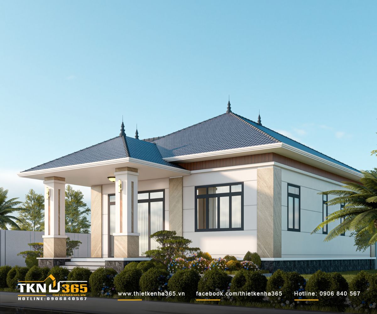 Nhà phố 1 trệt 9x12m ở Long An rút ngắn mọi khoảng cách để cả gia đình sống gần nhau hơn 2 Hệ mái vươn rộng kết hợp cửa kính khung tối màu giúp nhà phố 1 tầng có diện mạo thanh thoát, đồng thời tăng khả năng che nắng cho không gian bên trong