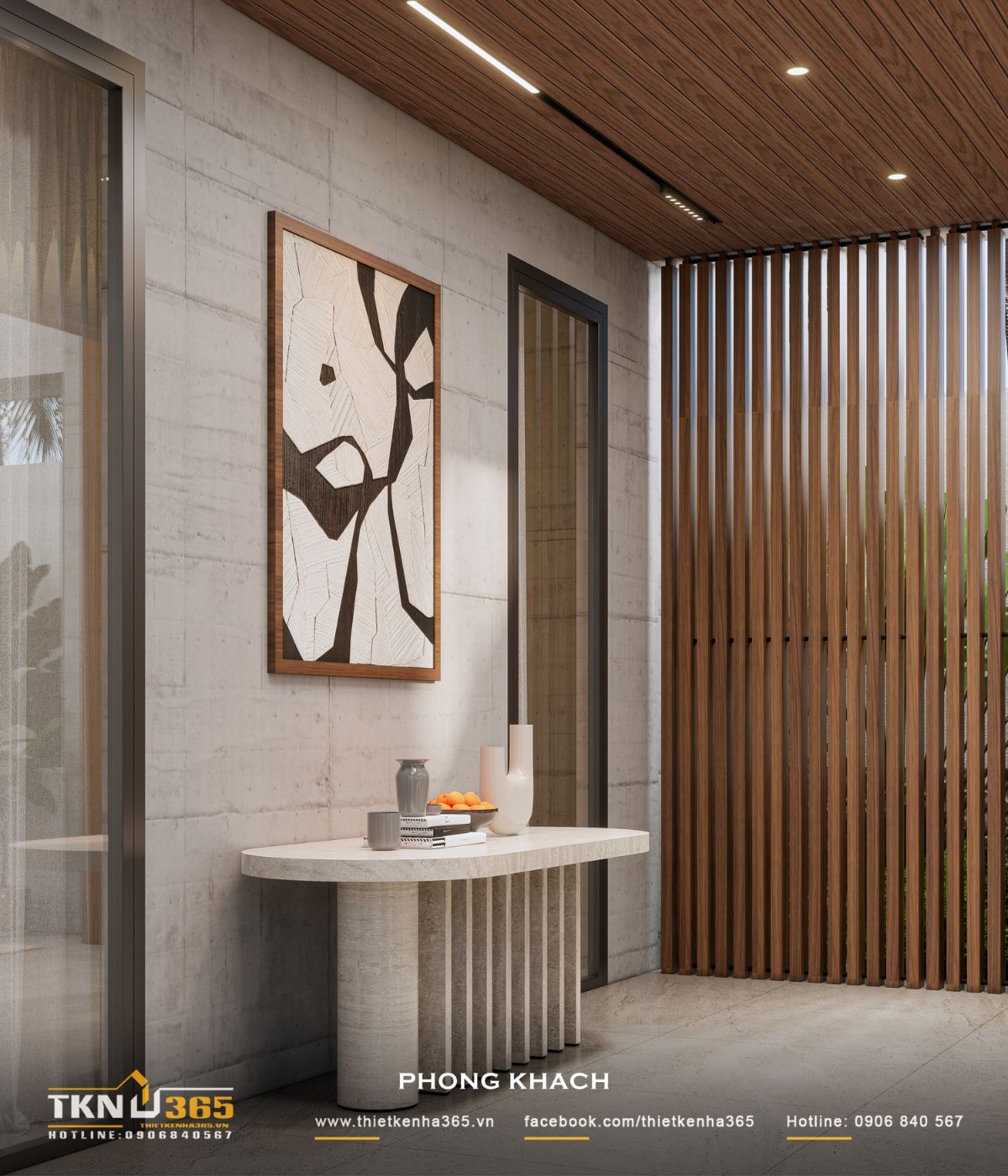 Bàn console dáng bo cong và tranh trang trí bổ sung chi tiết mềm mại cho khu vực chuyển tiếp cạnh phòng khách