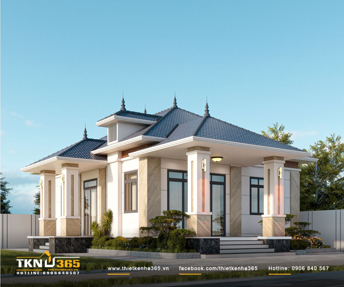 Nhà phố 1 trệt 9x12m ở Long An rút ngắn mọi khoảng cách để cả gia đình sống gần nhau hơn 3 Các khối mái thay đổi cao độ cùng hai khoảng hiên tạo chiều sâu kiến trúc, giúp nhà phố 1 tầng tránh cảm giác thấp và dàn trải theo chiều ngang