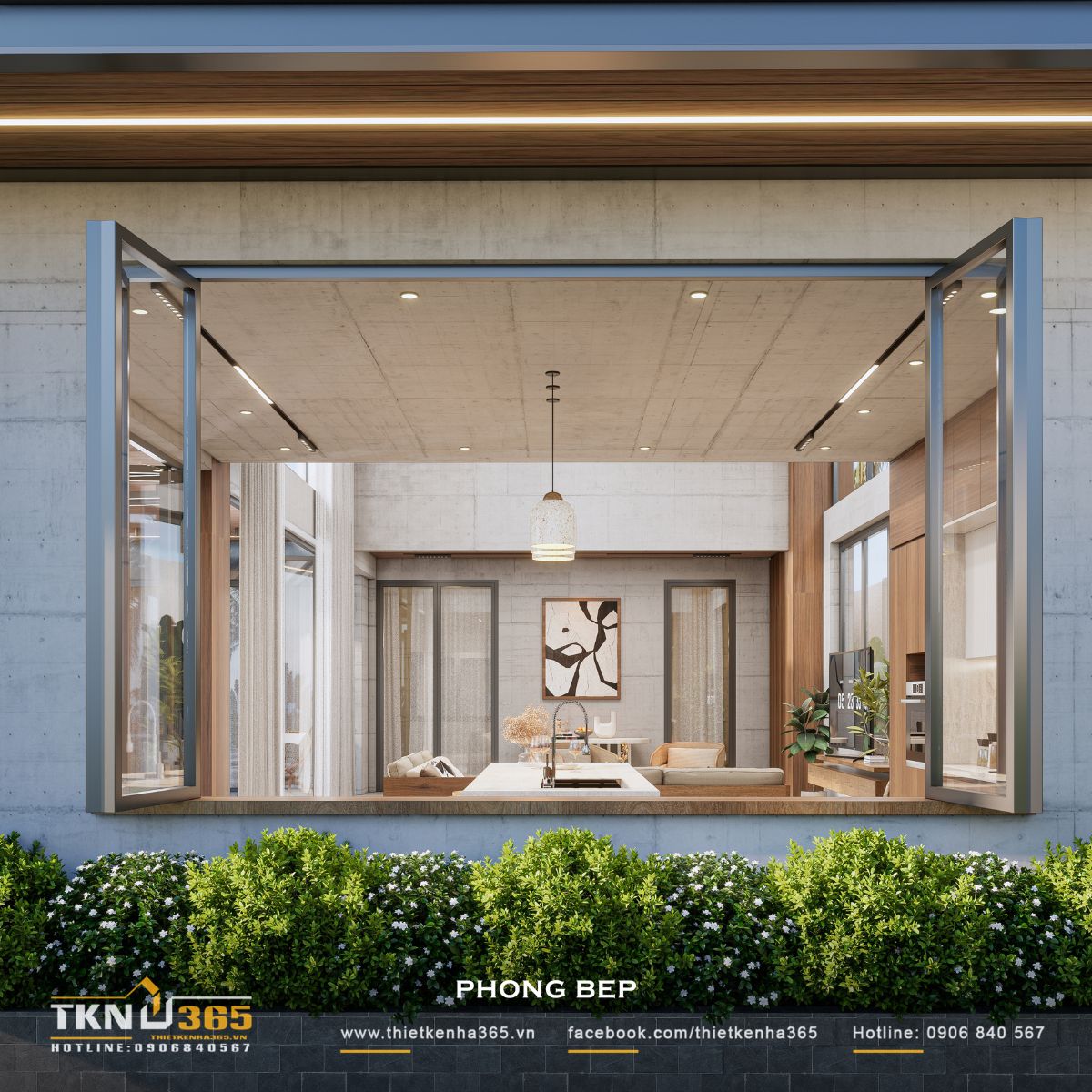 Khung cửa mở rộng kết nối bếp với cảnh quan bên ngoài, thể hiện rõ cách thiết kế nhà phố 1 tầng ưu tiên sự giao thoa giữa nội thất và sân vườn
