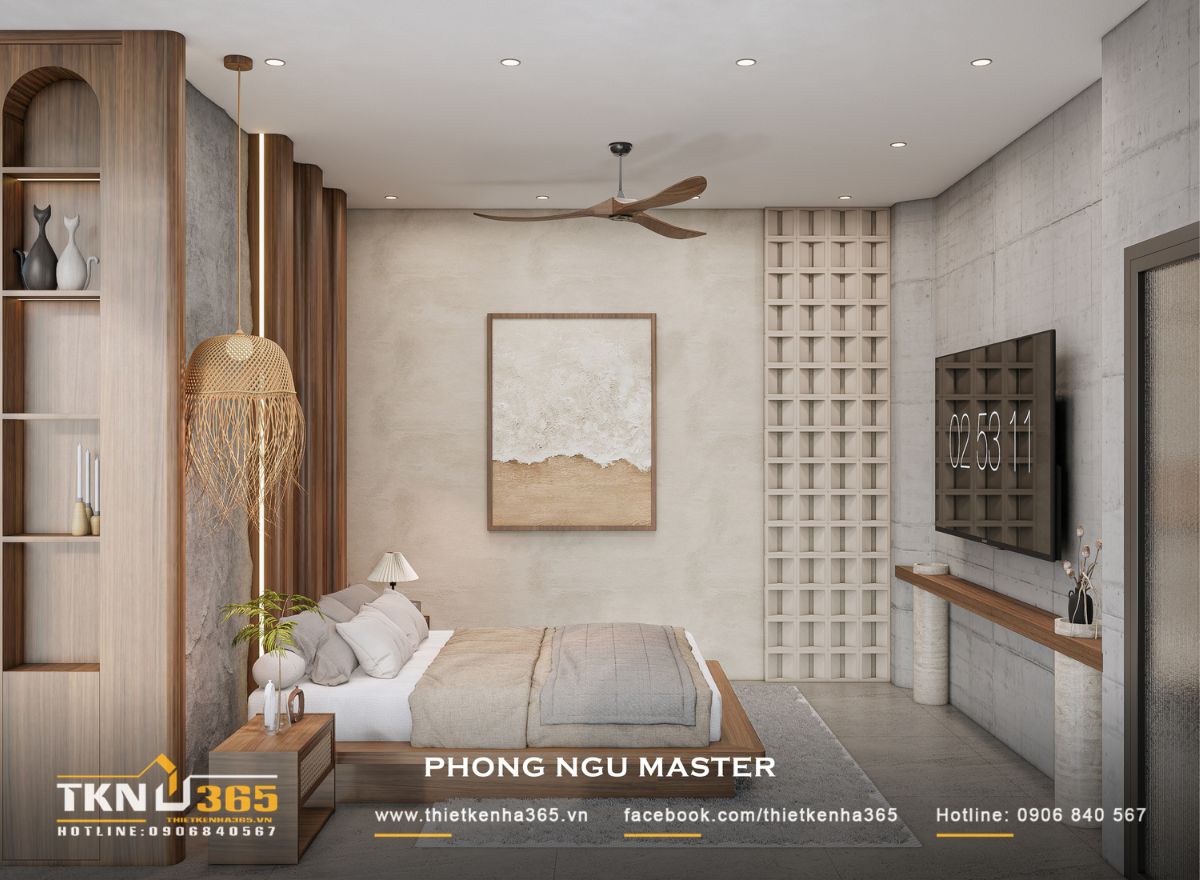 Khu vực nghỉ ngơi được bố trí thoáng với TV treo tường và hệ kệ mảnh, hạn chế đồ nội thất rời để giữ khoảng lưu thông rộng rãi