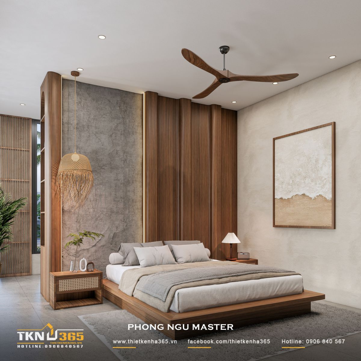 Sự kết hợp giữa gỗ nâu, bề mặt bê tông và gam màu trung tính tạo chiều sâu cho phòng ngủ master mà không cần nhiều chi tiết trang trí