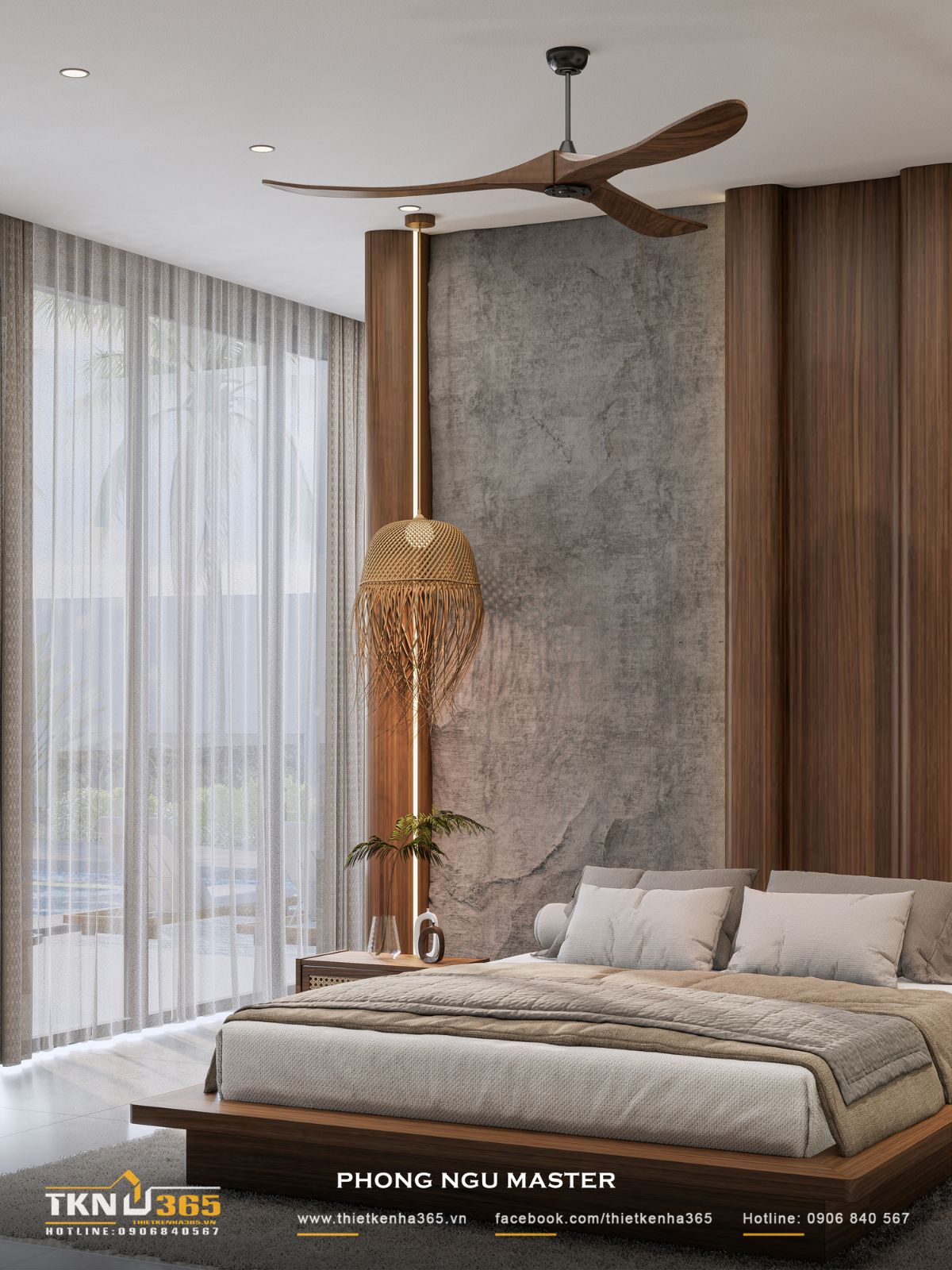 Hệ cửa kính lớn phủ rèm cao đưa ánh sáng tự nhiên vào phòng ngủ, đồng thời cho phép điều chỉnh mức độ riêng tư tùy theo nhu cầu sử dụng