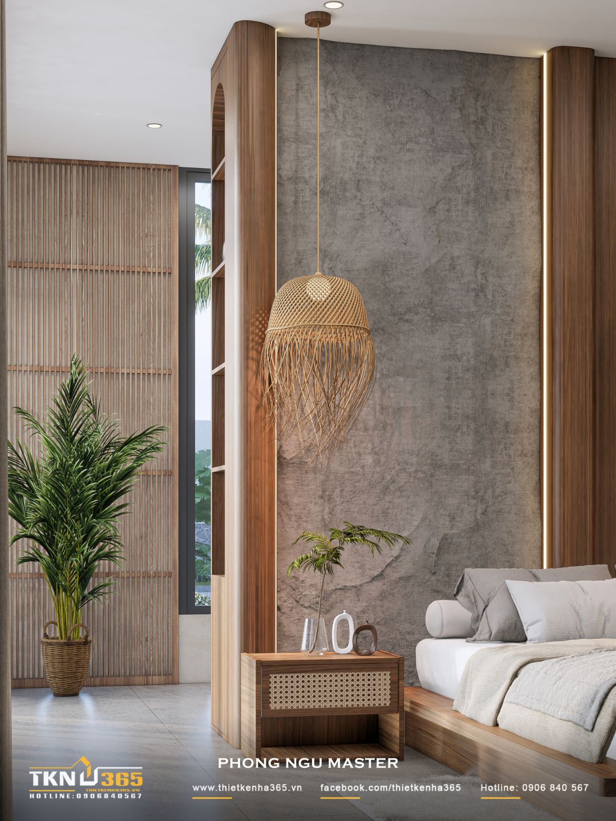 Đèn thả đan mây, tủ đầu giường và các chi tiết gỗ giúp làm mềm mảng bê tông lớn phía sau giường, tăng cảm giác gần gũi cho không gian nghỉ ngơi