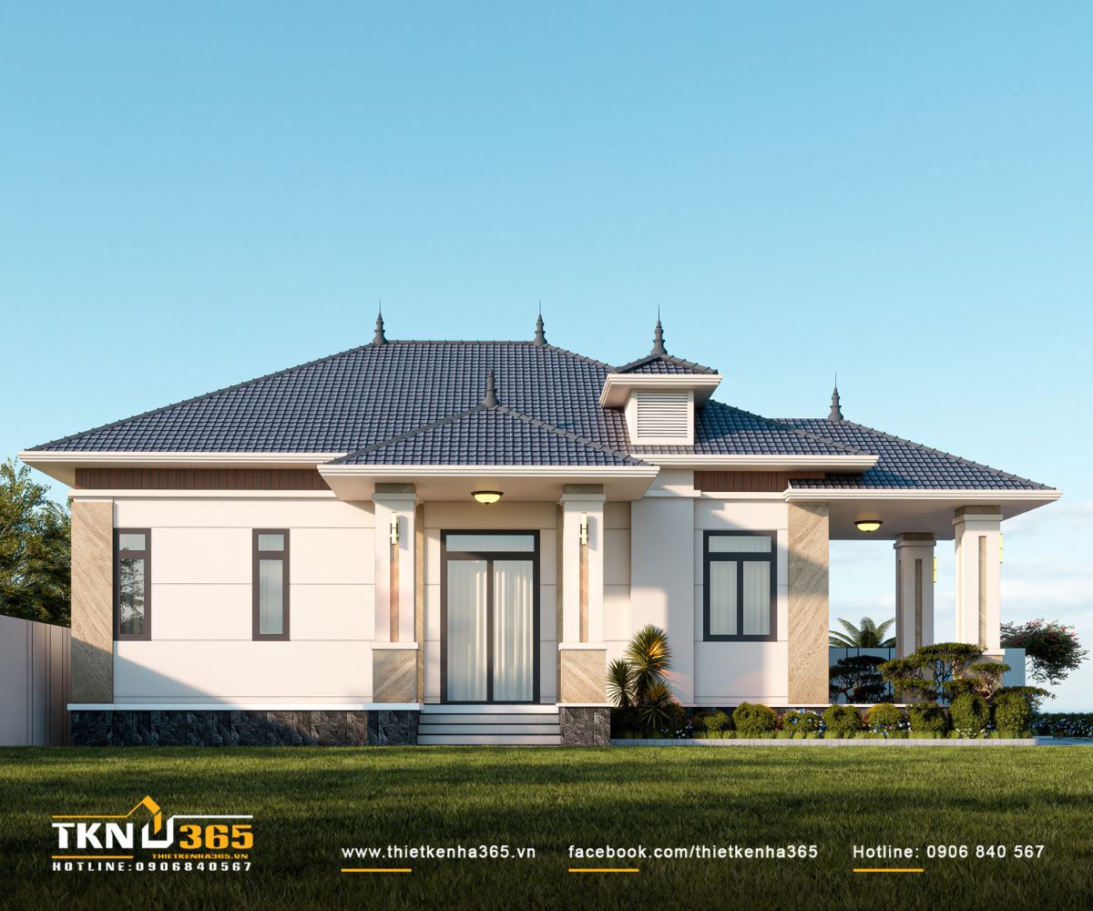 Nhà phố 1 trệt 9x12m ở Long An rút ngắn mọi khoảng cách để cả gia đình sống gần nhau hơn 4 Nhà phố 1 tầng sử dụng tường trắng kem làm nền, kết hợp đá màu beige, chân tường tối màu và dải ốp nâu để tạo sự hài hòa cho tổng thể