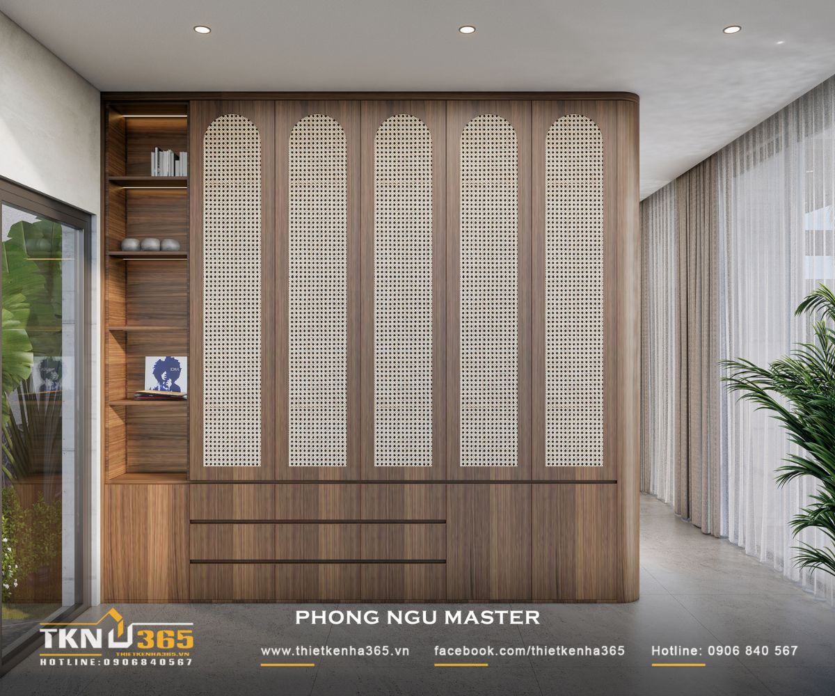 Hệ tủ lớn với cánh đan mây và các hộc mở đáp ứng nhu cầu lưu trữ của phòng ngủ master, đồng thời bổ sung chất liệu tự nhiên cho nội thất nhà phố 1 tầng