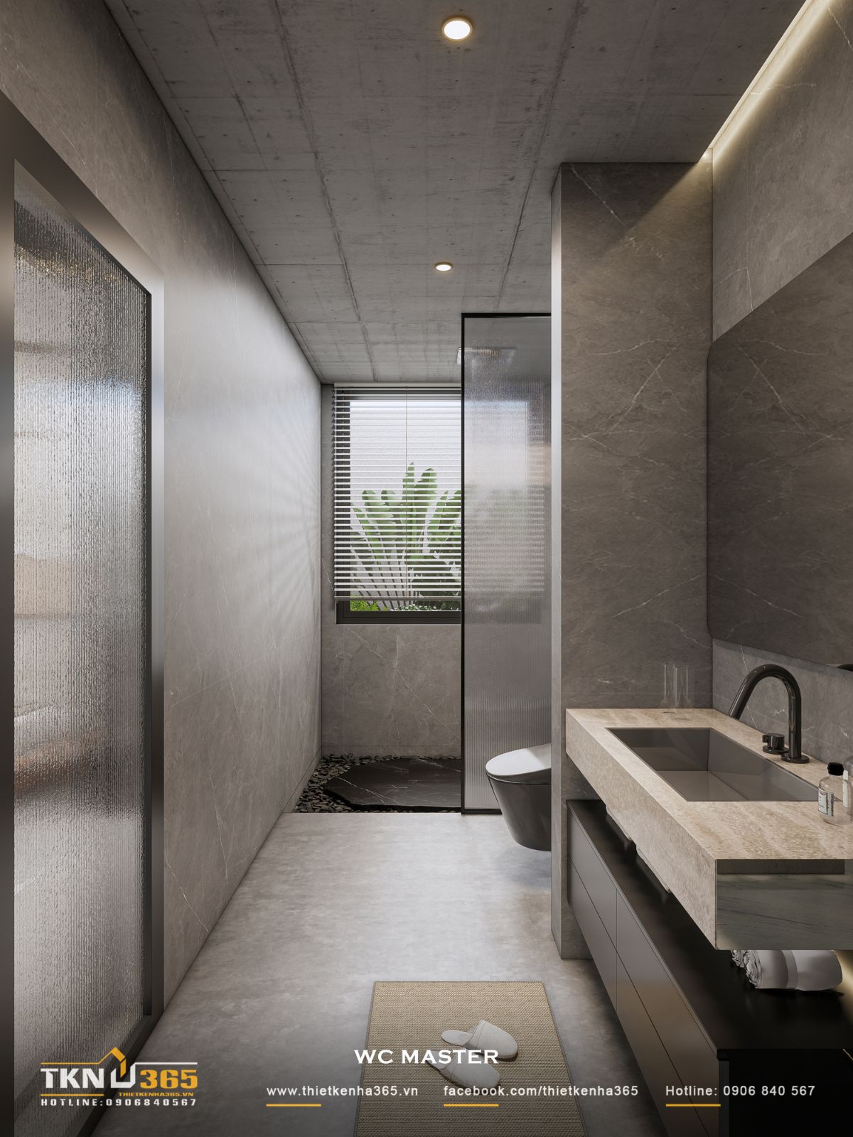 Lavabo dài kết hợp hệ tủ treo tạo thêm diện tích lưu trữ, đồng thời giải phóng mặt sàn để khu vệ sinh gọn và thuận tiện khi làm sạch