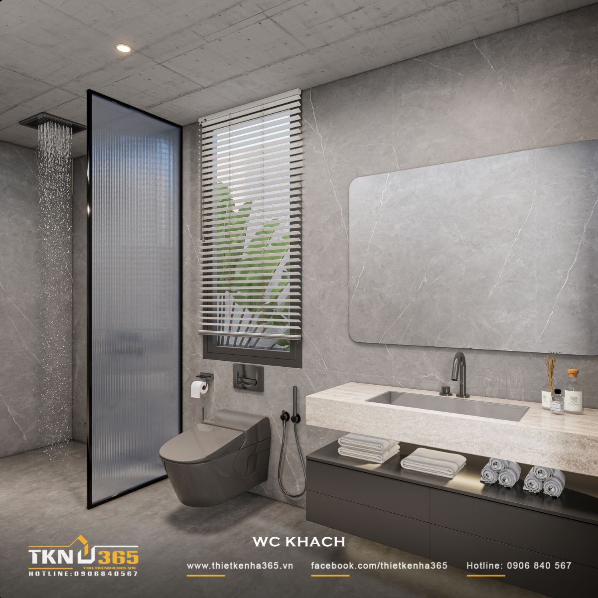 Cửa sổ kết hợp hệ lam điều chỉnh giúp WC khách nhận ánh sáng tự nhiên nhưng vẫn kiểm soát tầm nhìn, đồng thời hỗ trợ thông gió cho không gian