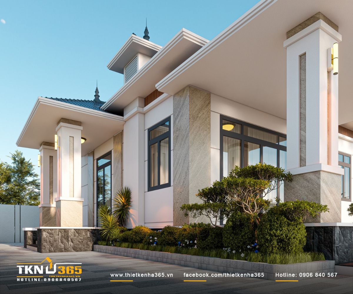 Nhà phố 1 trệt 9x12m ở Long An rút ngắn mọi khoảng cách để cả gia đình sống gần nhau hơn 5 Hiên rộng, hệ cột vuông và khoảng xanh chạy quanh chân nhà phố 1 tầng tạo lớp chuyển tiếp thoáng trước các không gian sinh hoạt bên trong