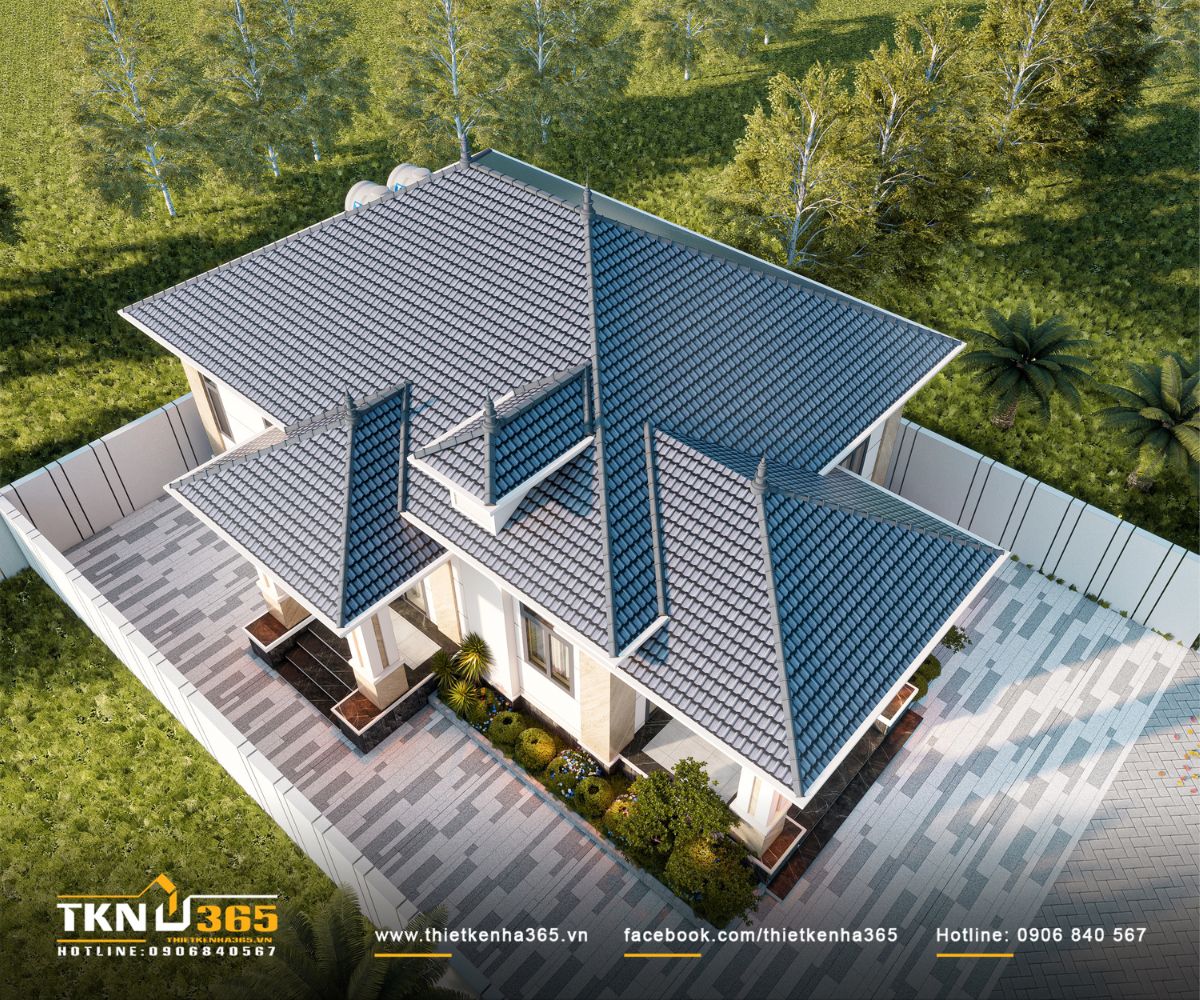 Nhà phố 1 trệt 9x12m ở Long An rút ngắn mọi khoảng cách để cả gia đình sống gần nhau hơn 6 Hệ mái dốc bao phủ theo nhiều khối lớn nhỏ giúp nhà phố 1 tầng có tỷ lệ bề thế hơn, đồng thời tạo khoảng đua mái che chắn cho các mặt công trình