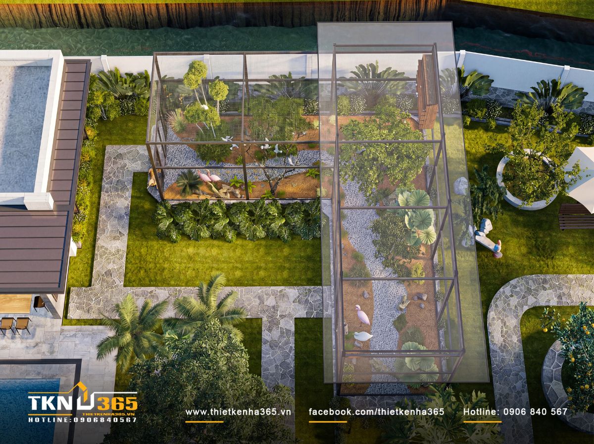 Khu aviary được bố trí tách về rìa khuôn viên, bao quanh bởi thảm cỏ và hệ cây xanh