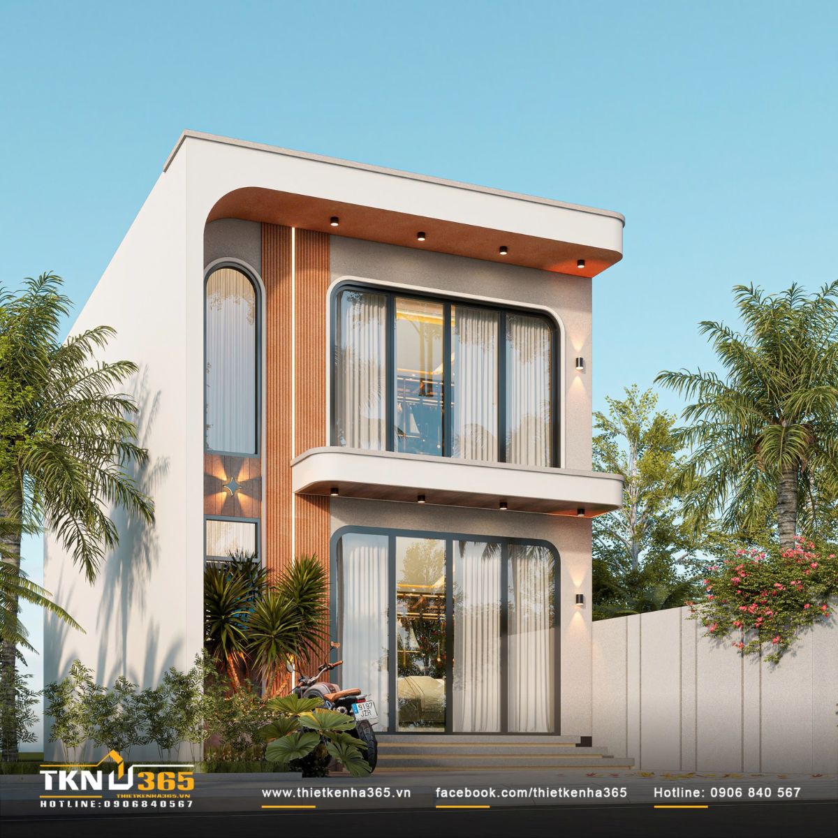 Nhà phố 1 trệt 1 lửng 6x10m ở Bình Dương thu gọn tầng lửng để ngôi nhà có thêm khoảng thở 2 Mảng ốp màu nâu gỗ chạy dọc mặt tiền kết hợp hệ cửa kính lớn tạo chiều sâu và cân bằng sắc thái ấm áp với nền trắng, xám sáng